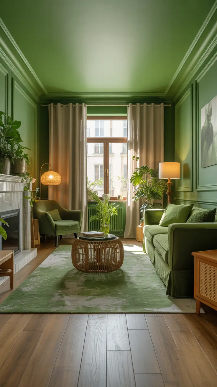 Green Parlor Room Decor Ideas With Plants And Cozy Natural Textures