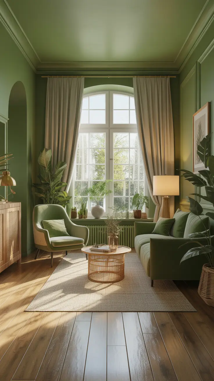 Green Parlor Room Decor Ideas With Plants And Cozy Natural Textures