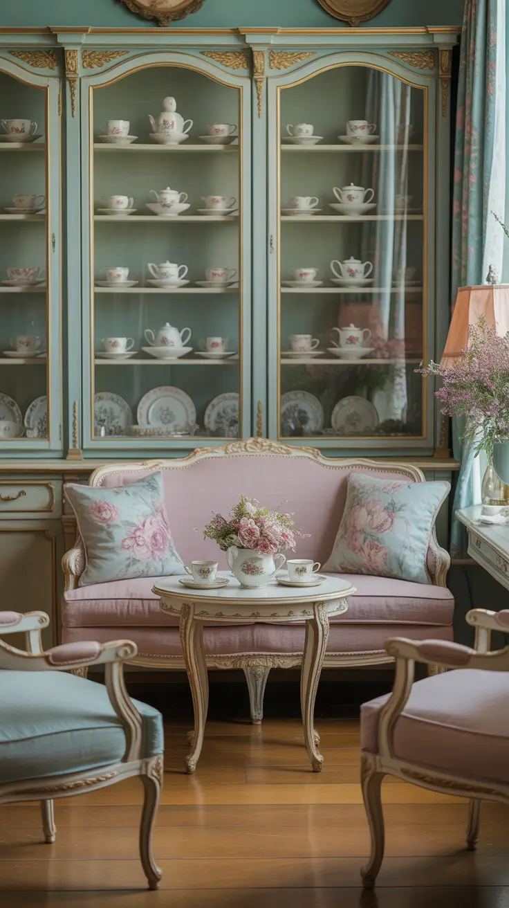 Parlor Room Decor With Antique Display Cabinets And Collected Details