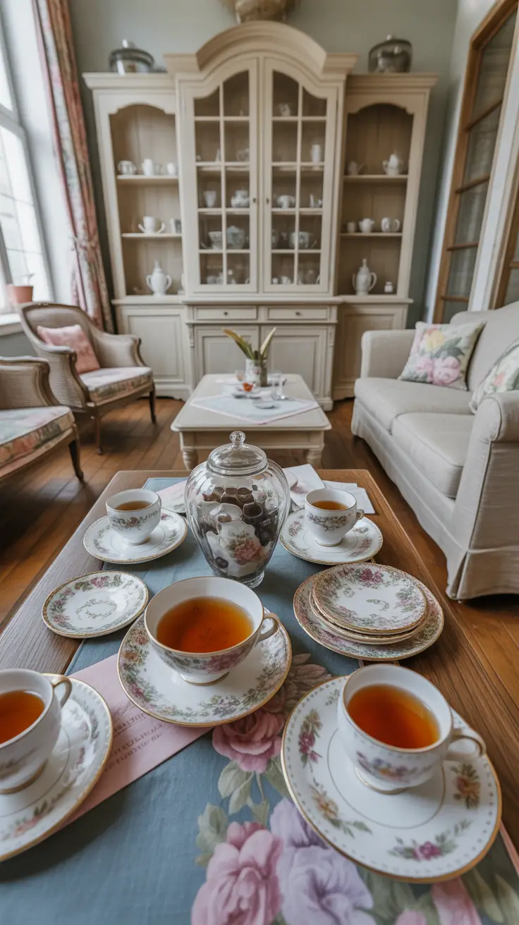 Parlor Room Decor With Antique Display Cabinets And Collected Details