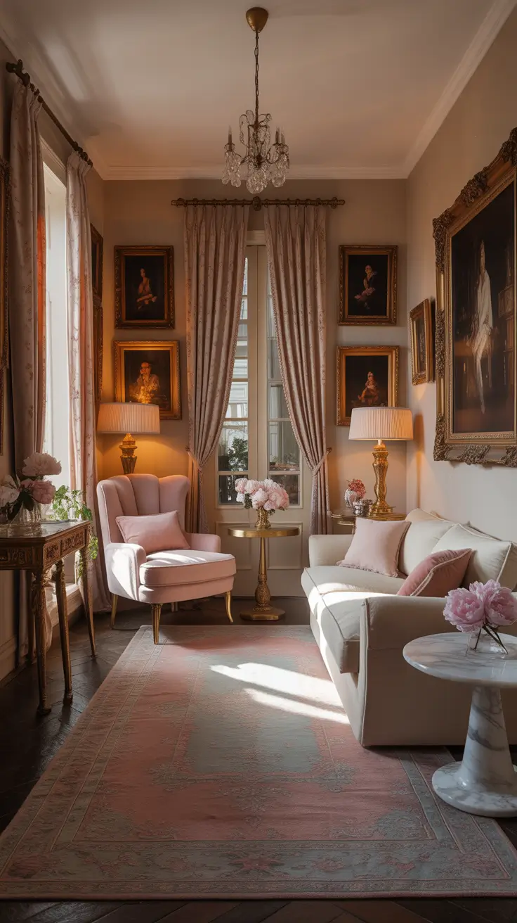 Romantic Parlor Room Ideas With Blush Accents And Warm Lighting