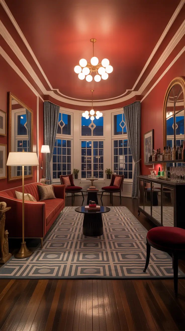 Parlor Room Decor Ideas With Bold Ceiling Color And Art Deco Glam Mood