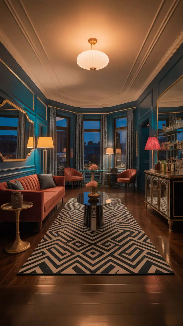 Parlor Room Decor Ideas With Bold Ceiling Color And Art Deco Glam Mood