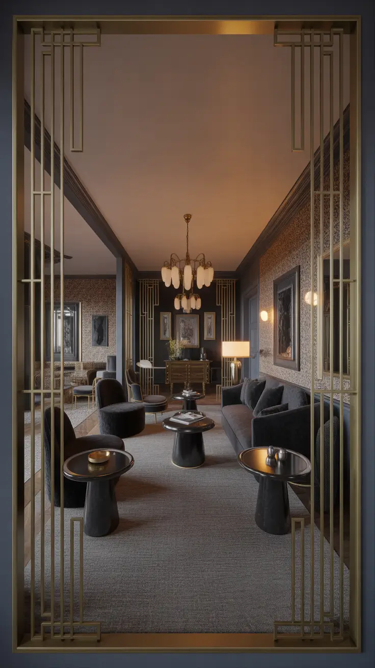Moody Parlor Room Ideas With Art Deco Archway And Black And Gold Details