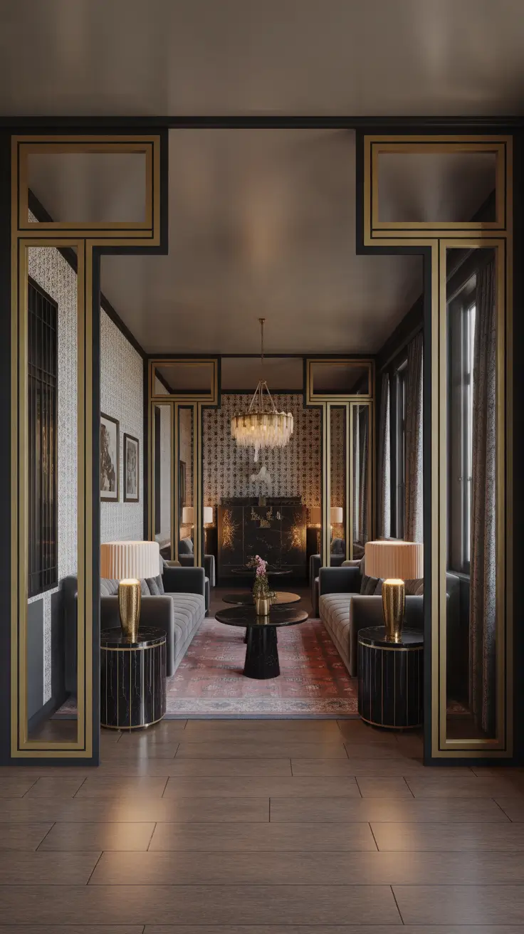 Moody Parlor Room Ideas With Art Deco Archway And Black And Gold Details