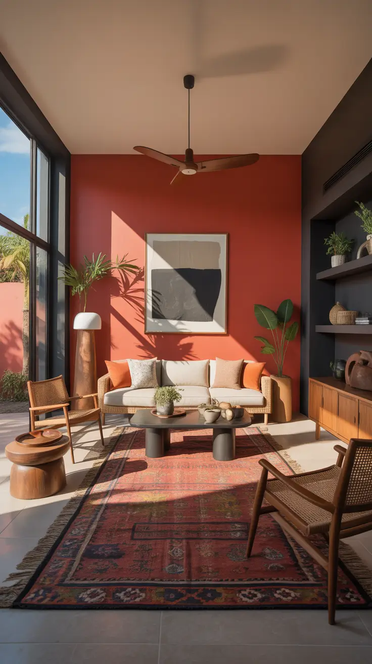 Parlor Room Ideas Modern With Terracotta Accent Wall And Natural Rattan Style