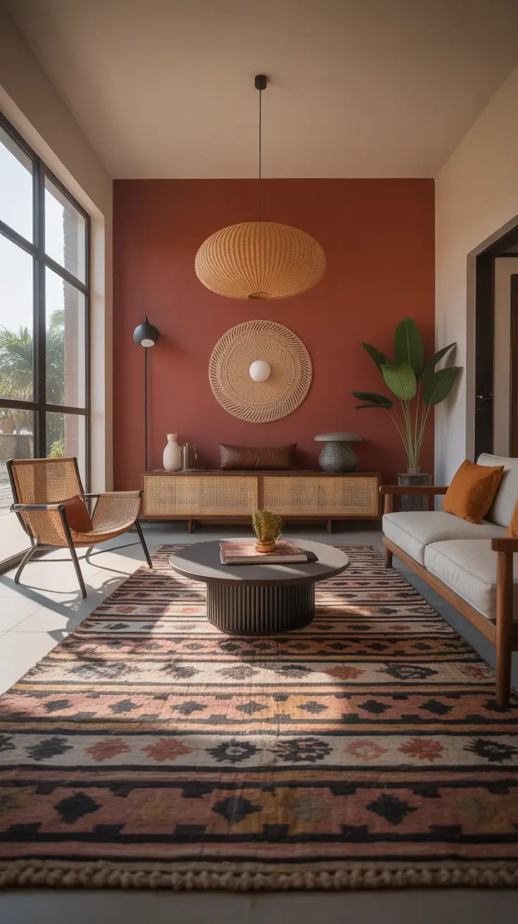 Parlor Room Ideas Modern With Terracotta Accent Wall And Natural Rattan Style