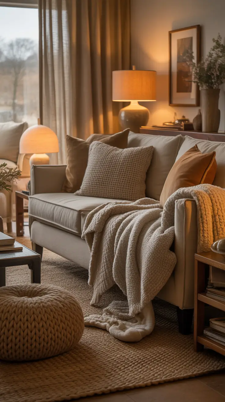 Cozy Parlor Room Ideas With Warm Lighting And Layered Fabrics