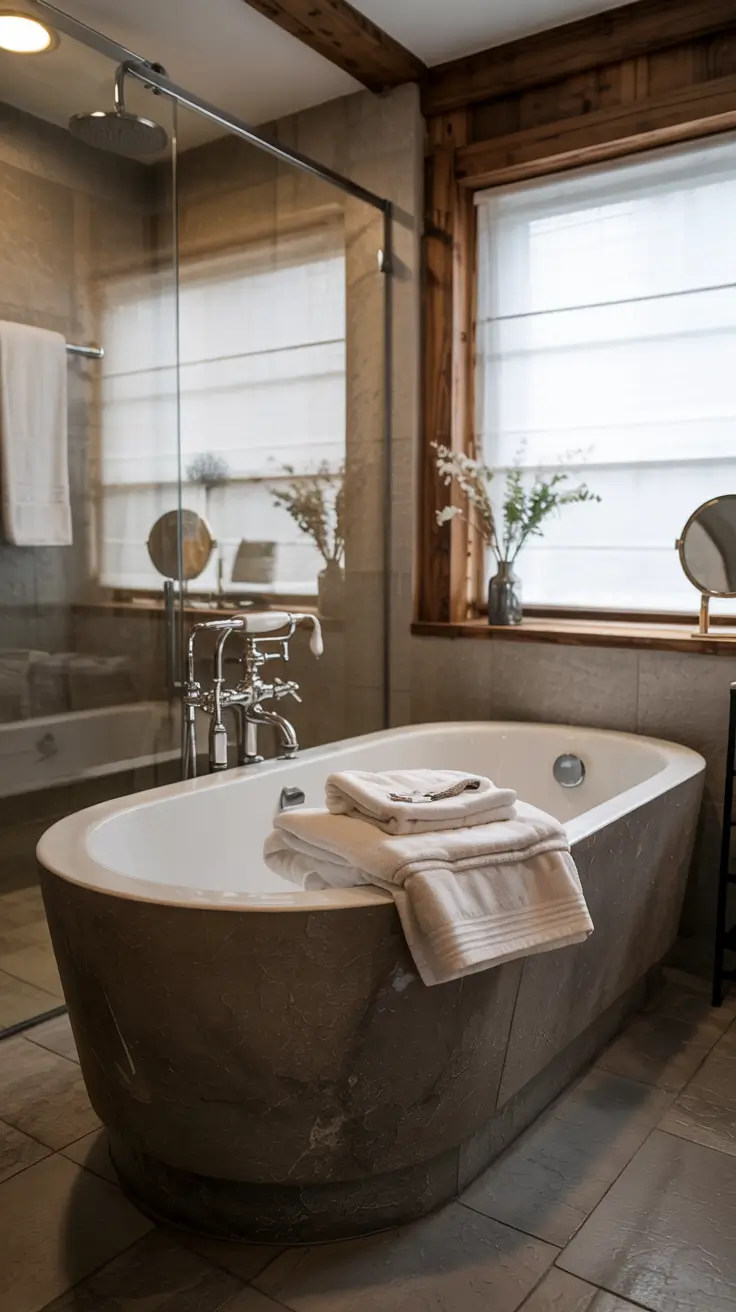 shower remodel ideas 2026 22 – Rustic Shower Remodel Ideas With Freestanding Tub Combo