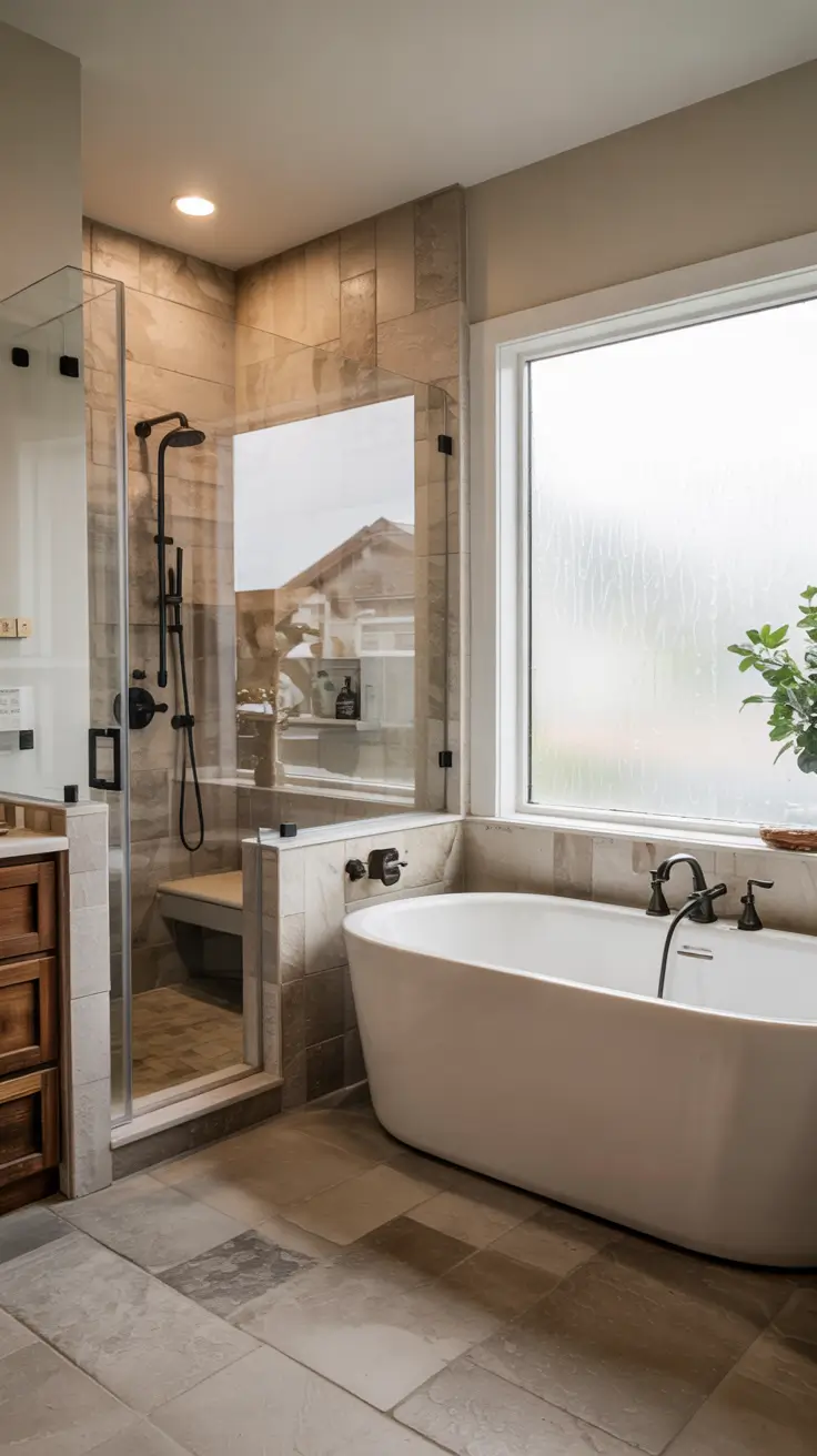 shower remodel ideas 2026 22 – Rustic Shower Remodel Ideas With Freestanding Tub Combo