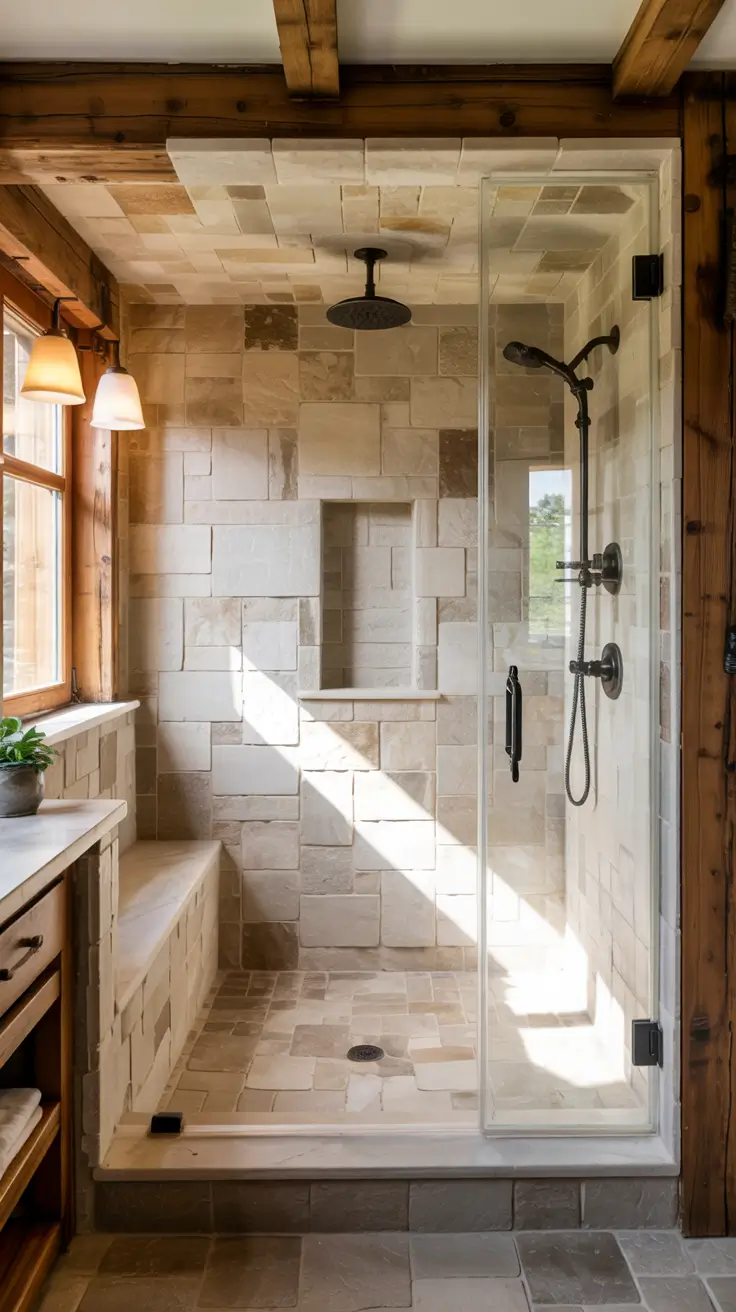 shower remodel ideas 2026 23 – Walk In Shower Remodel Ideas With Natural Stone And Bench