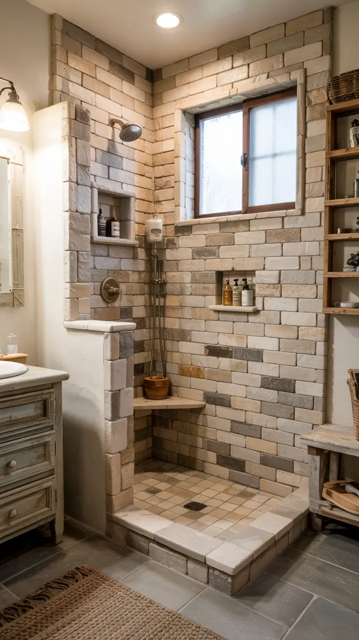 shower remodel ideas 2026 23 – Walk In Shower Remodel Ideas With Natural Stone And Bench