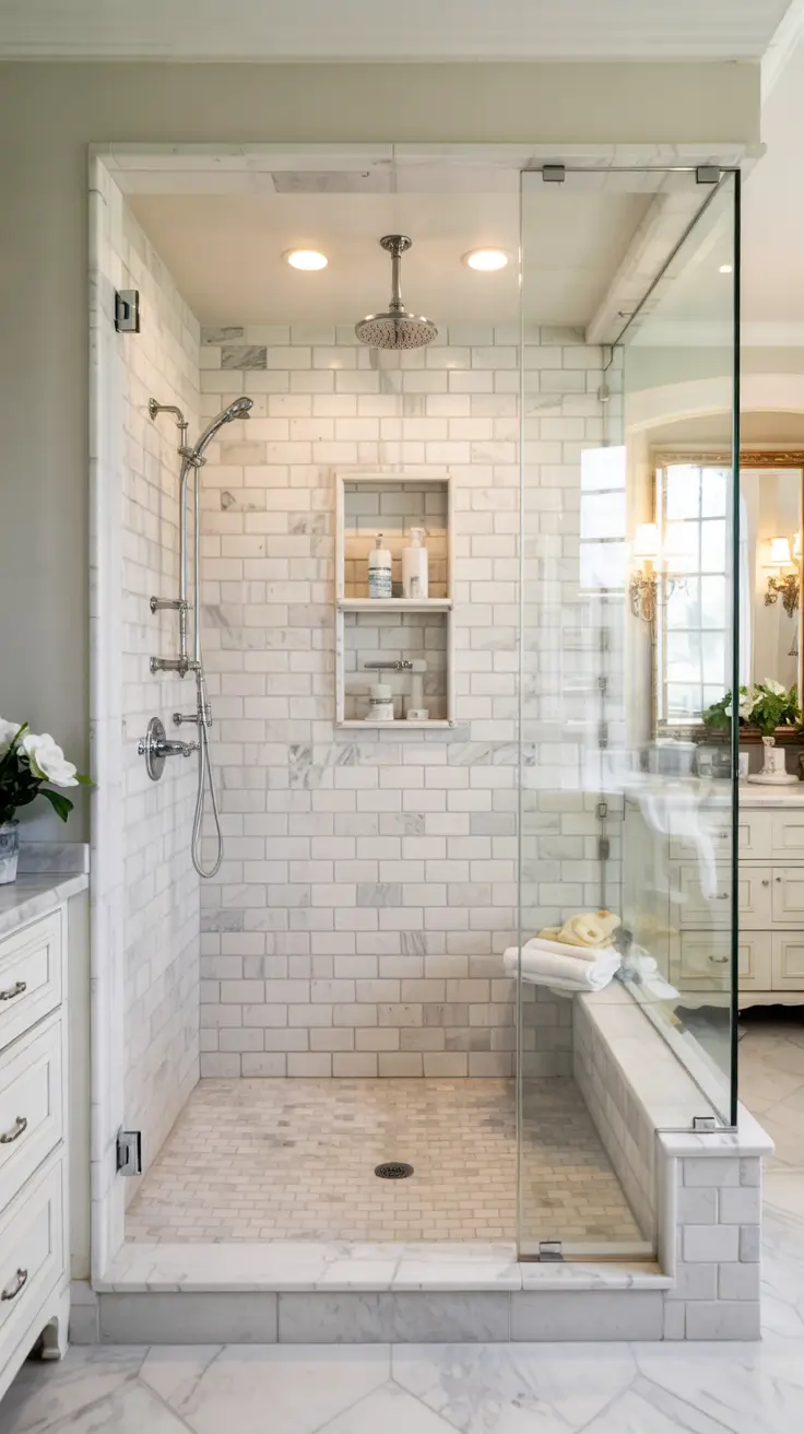 shower remodel ideas 2026 25 – Shower Remodel Ideas With Half Wall and Glass Door