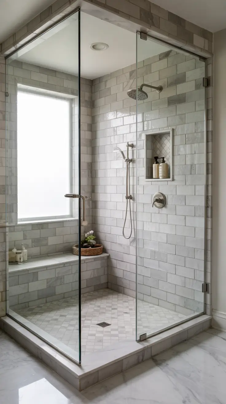 shower remodel ideas 2026 25 – Shower Remodel Ideas With Half Wall and Glass Door
