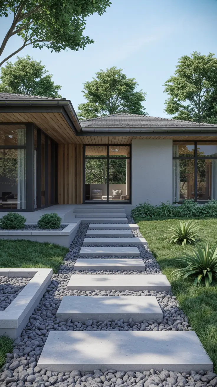 simple landscaping front yard 2026 Low Maintenance Front Yard Design With Rocks And Structure