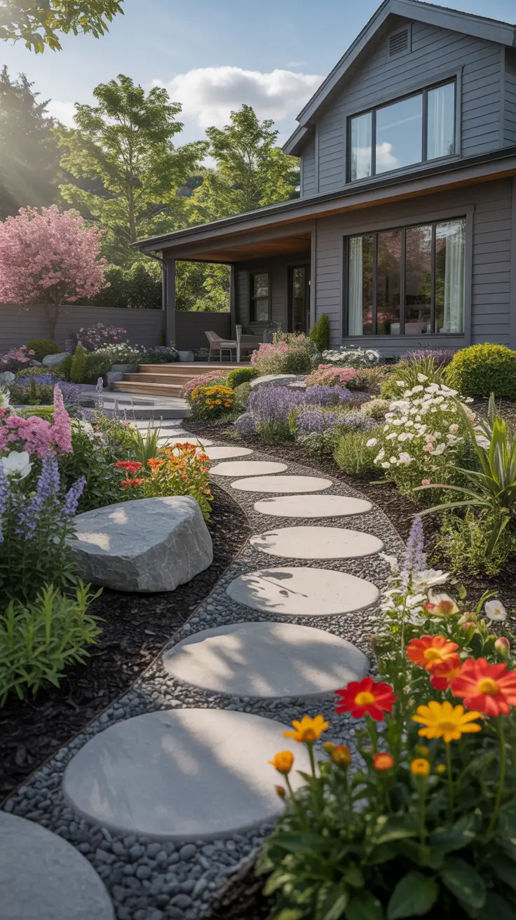 simple landscaping front yard 2026 Simple Landscaping Front Yard With Curved Stone Path And Soft Florals
