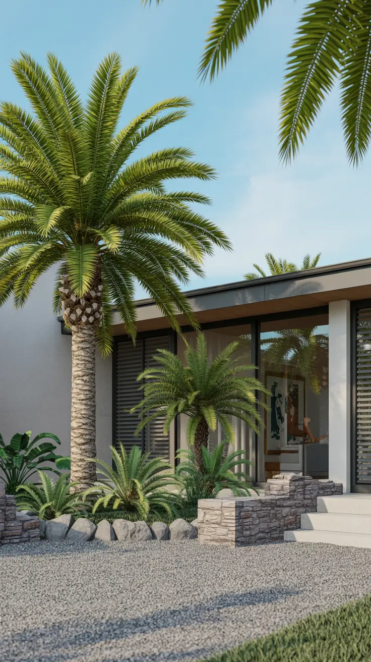 simple landscaping front yard 2026 Simple Landscaping Front Yard With Palm Trees And Stone Lines