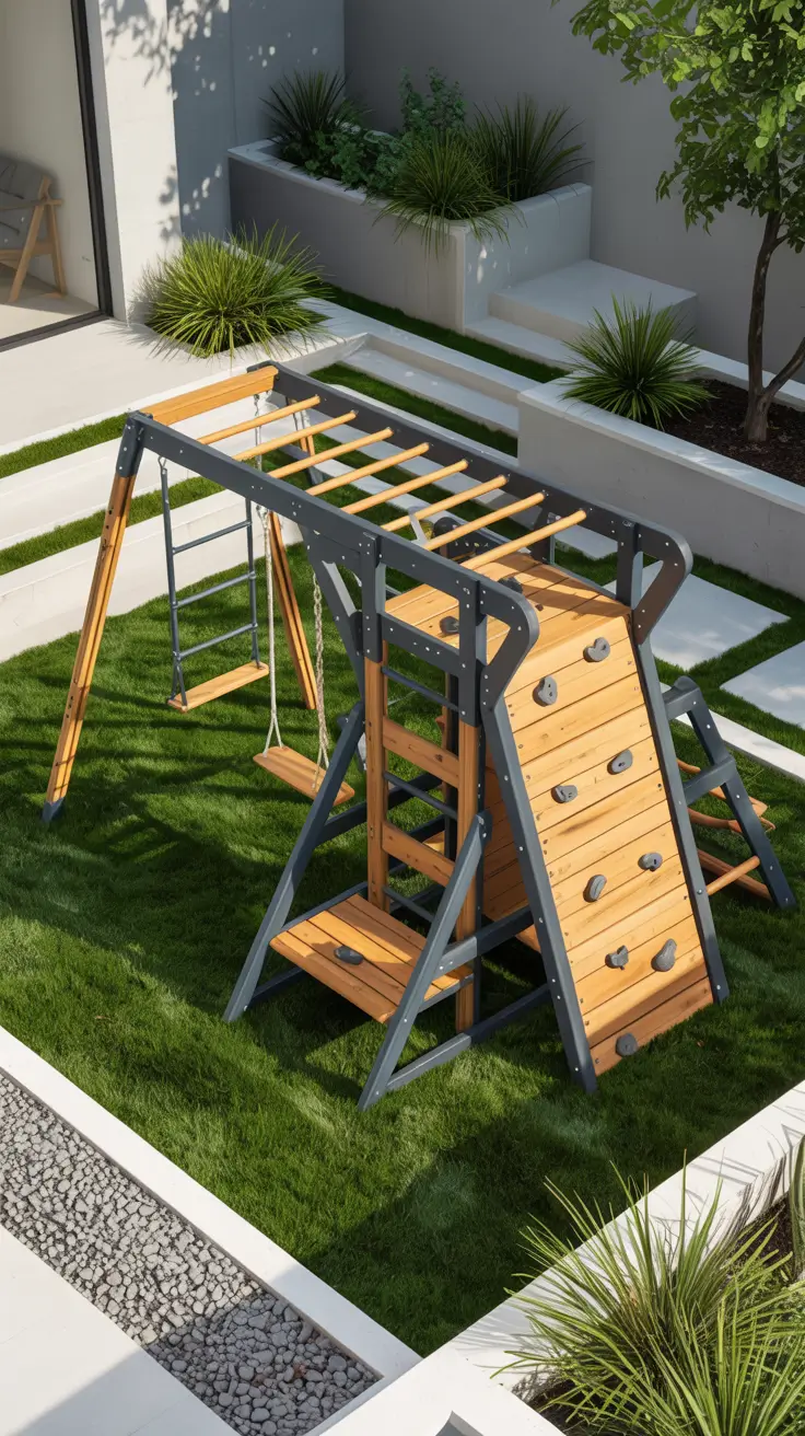 small backyard ideas for kids 2026 Modern Wooden Climbing Frame