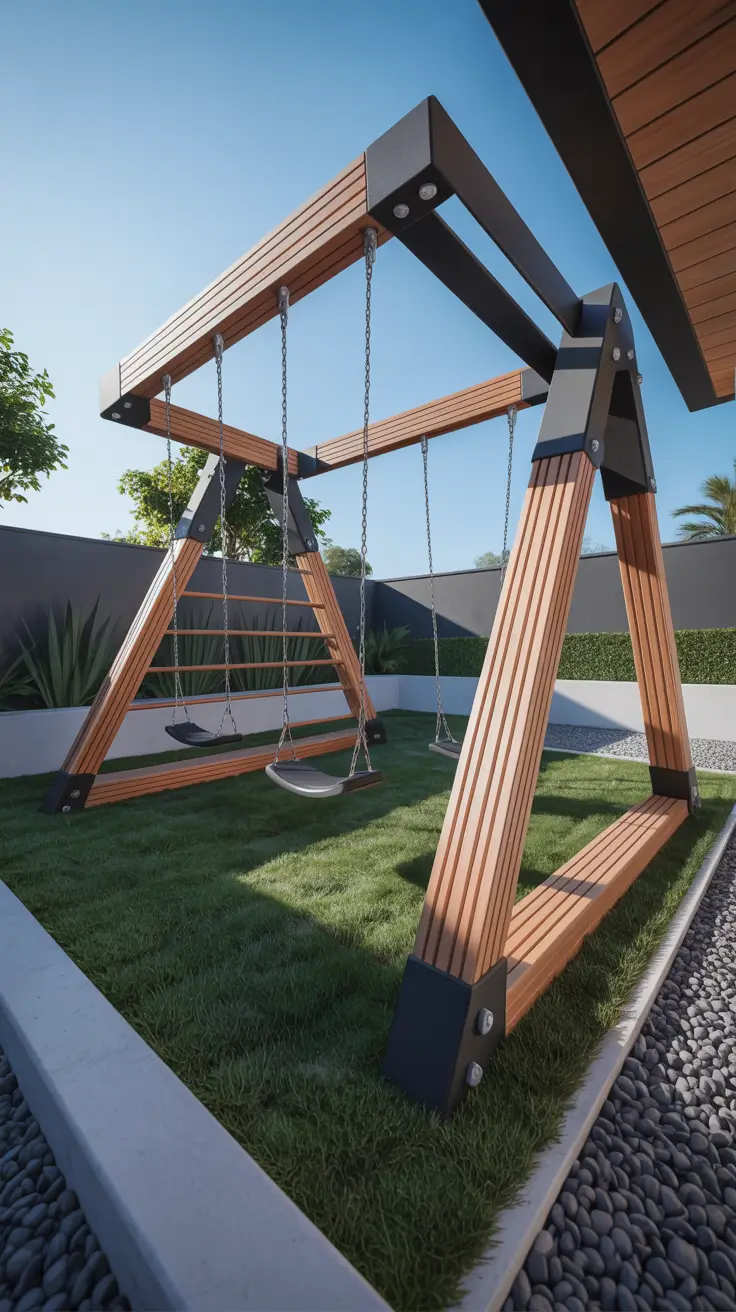 small backyard ideas for kids 2026 Minimalist Swing Set With Climbing Elements