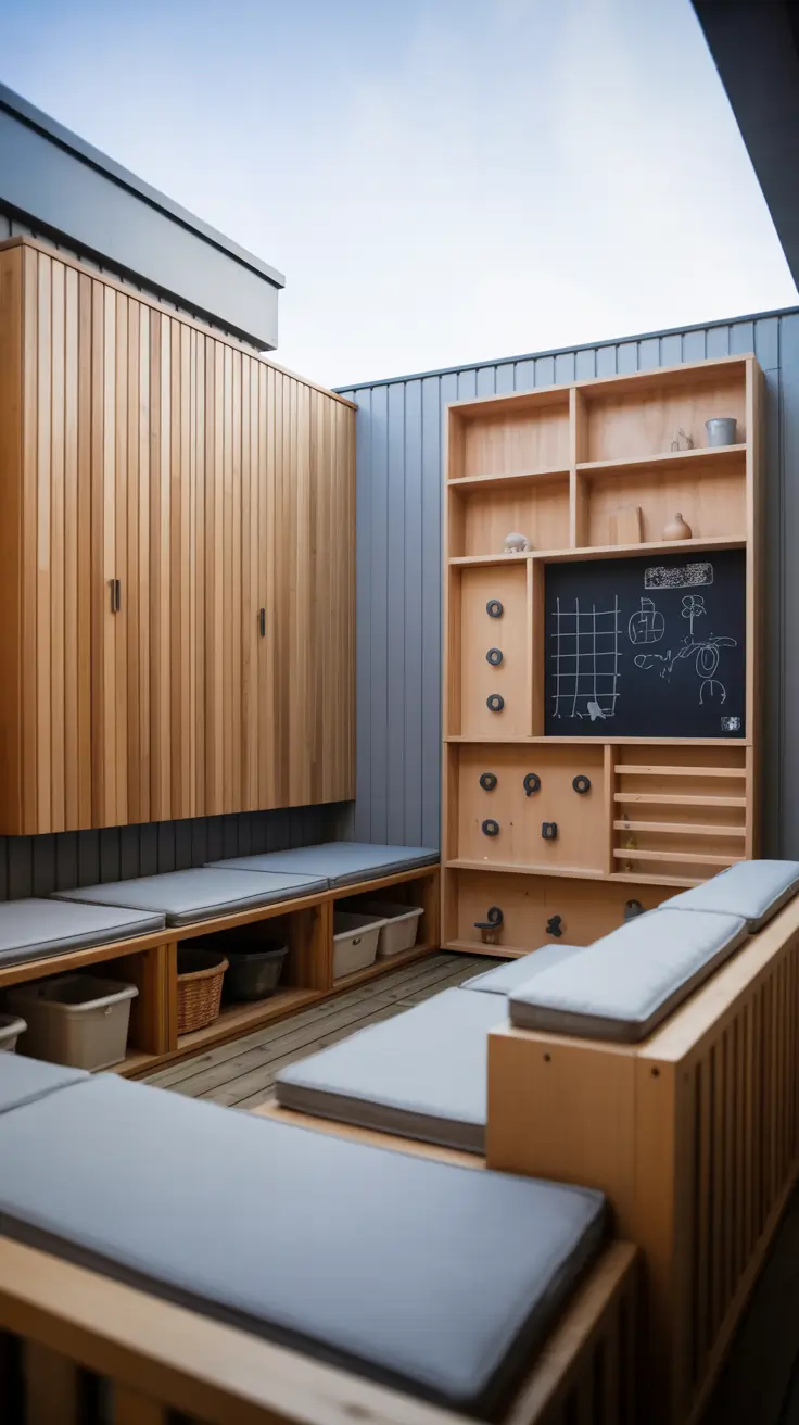small backyard ideas for kids 2026 Built In Storage Bench And Chalkboard Wall