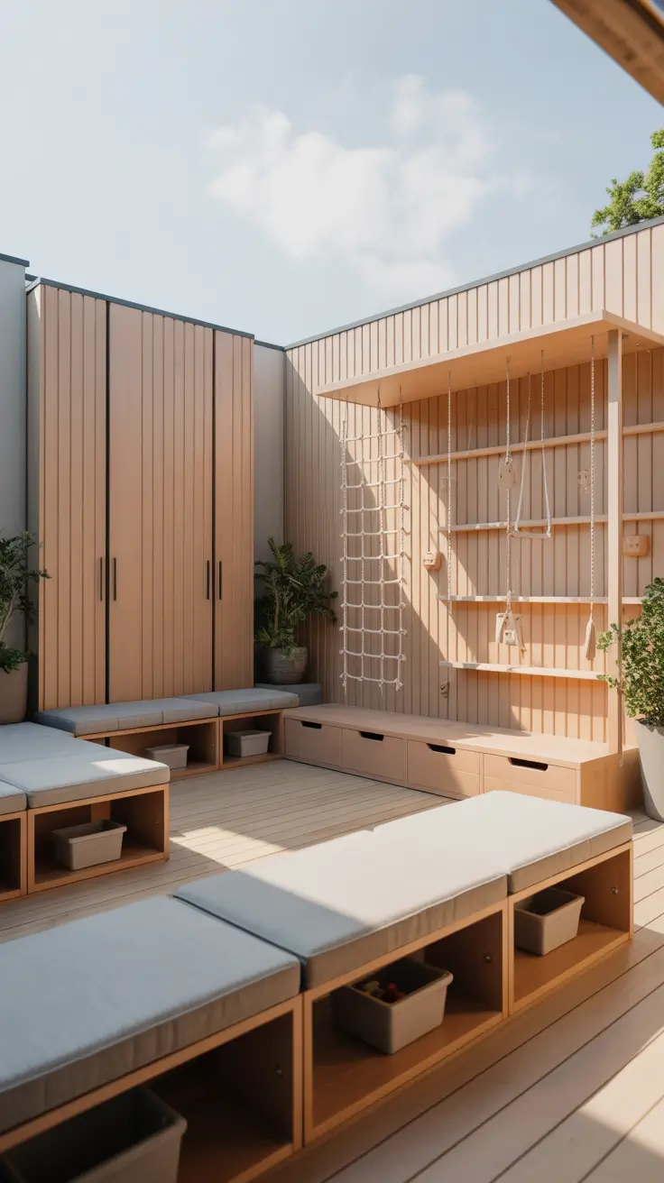 small backyard ideas for kids 2026 Outdoor Play Wall With Rope And Shelving