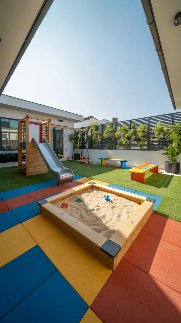 small backyard ideas for kids 2026 modern sandbox with slide and soft flooring