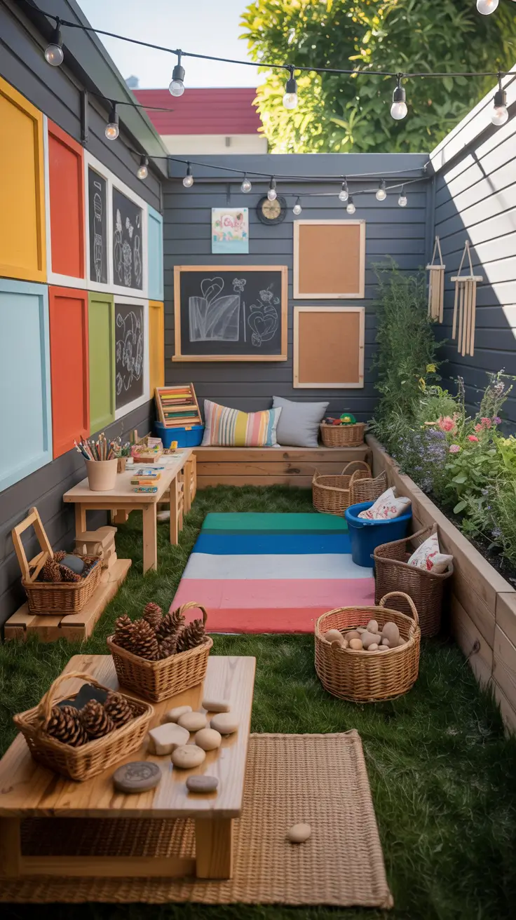 small backyard ideas for kids 2026 chalkboard wall and craft area