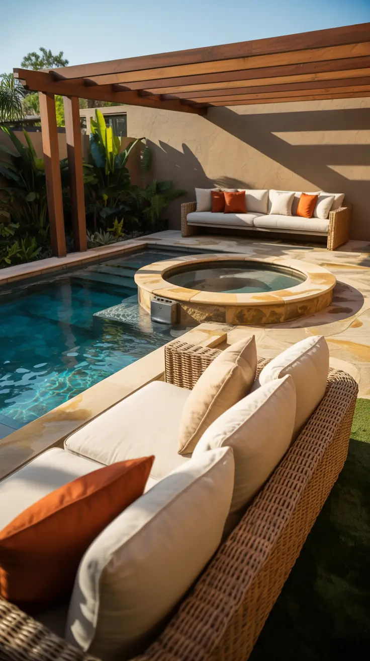 small pool ideas 2026 Small Pool Ideas With Hot Tub And Outdoor Lounge Zones