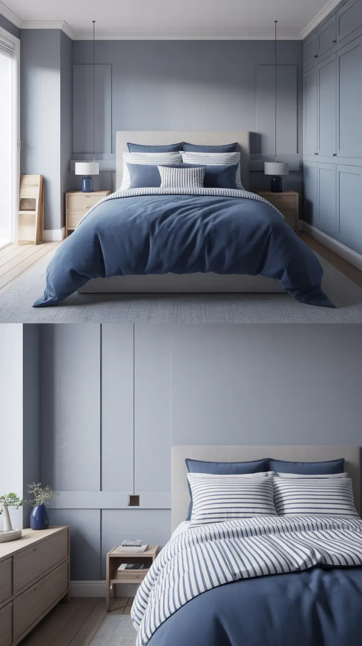trendy gray bedroom ideas 2026 Gray Bedroom Ideas Aesthetic With Navy And White And Calm Layers