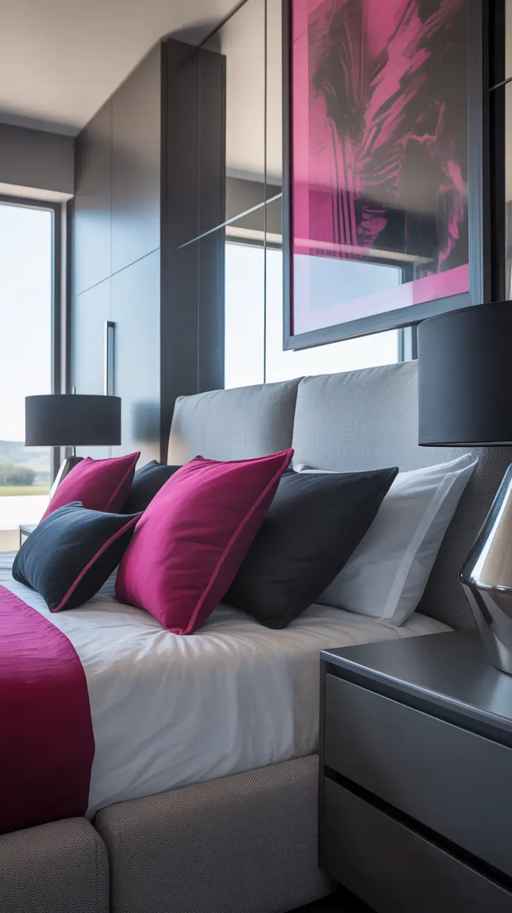 trendy gray bedroom ideas 2026 Gray Bedroom Ideas Decor Featuring Pink Black Contrast