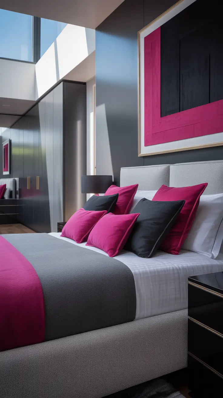 trendy gray bedroom ideas 2026 Gray Bedroom Ideas Decor Featuring Pink Black Contrast