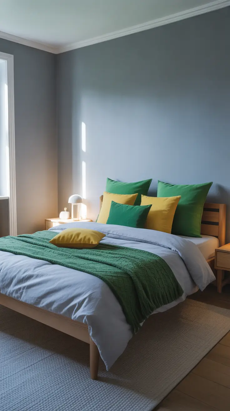 trendy gray bedroom ideas 2026 Gray Bedroom Ideas With Pop Of Color Using Green And Yellow And Accents