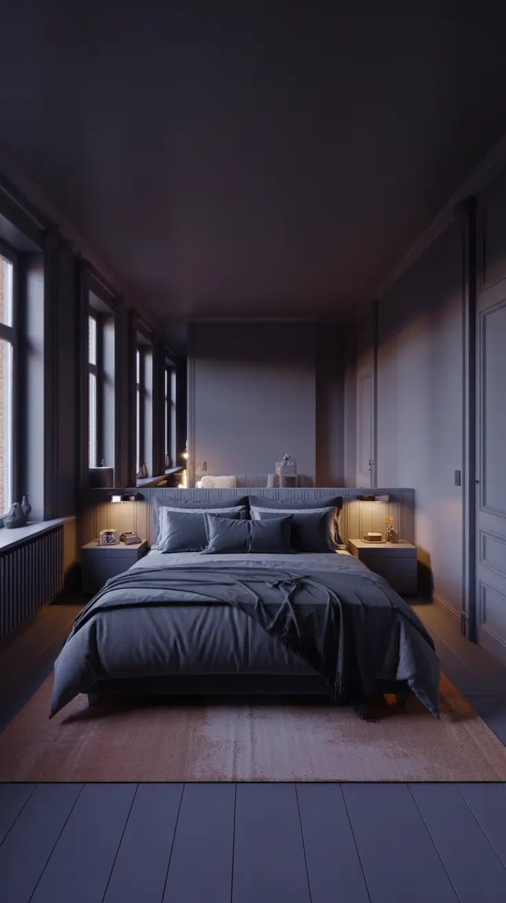 Moody charcoal gray bedroom with layered bedding and warm bedside lighting