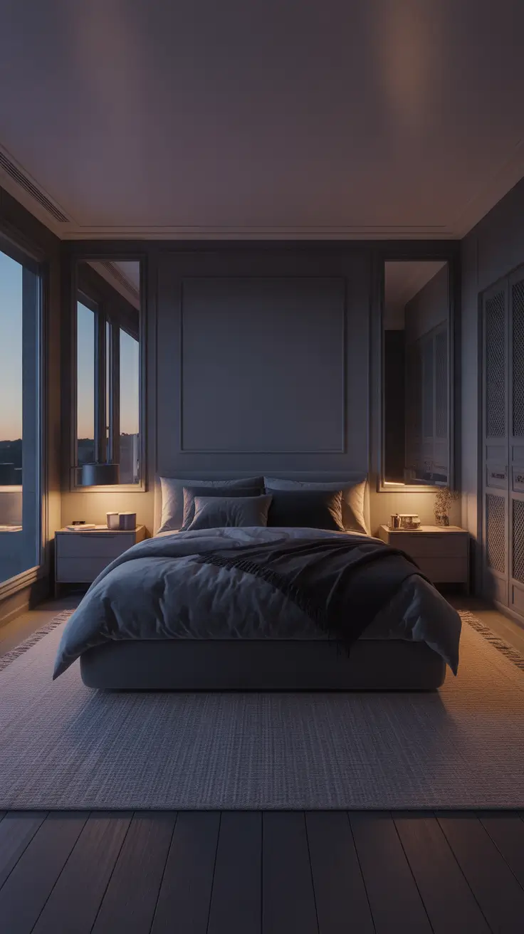 Dark gray bedroom with symmetrical layout and warm accent lamps at dusk