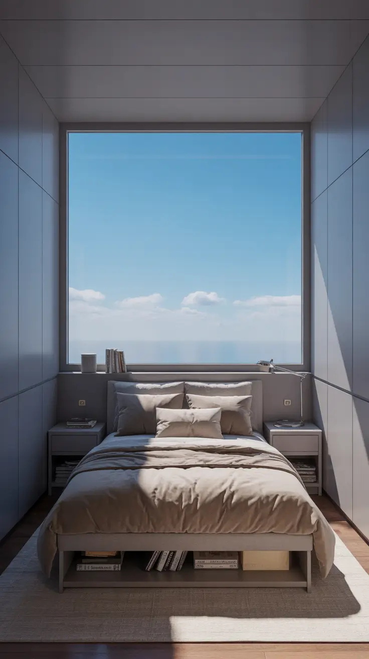 Minimal gray bedroom with large panoramic window and neutral bedding