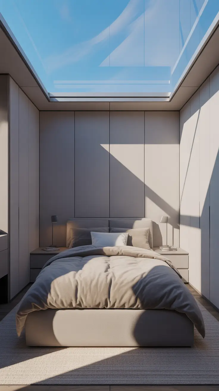 Modern gray bedroom with skylight ceiling and soft neutral bedding
