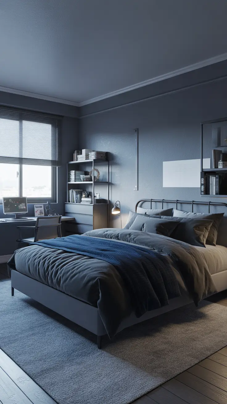 Urban gray bedroom with metal bed frame and workspace corner