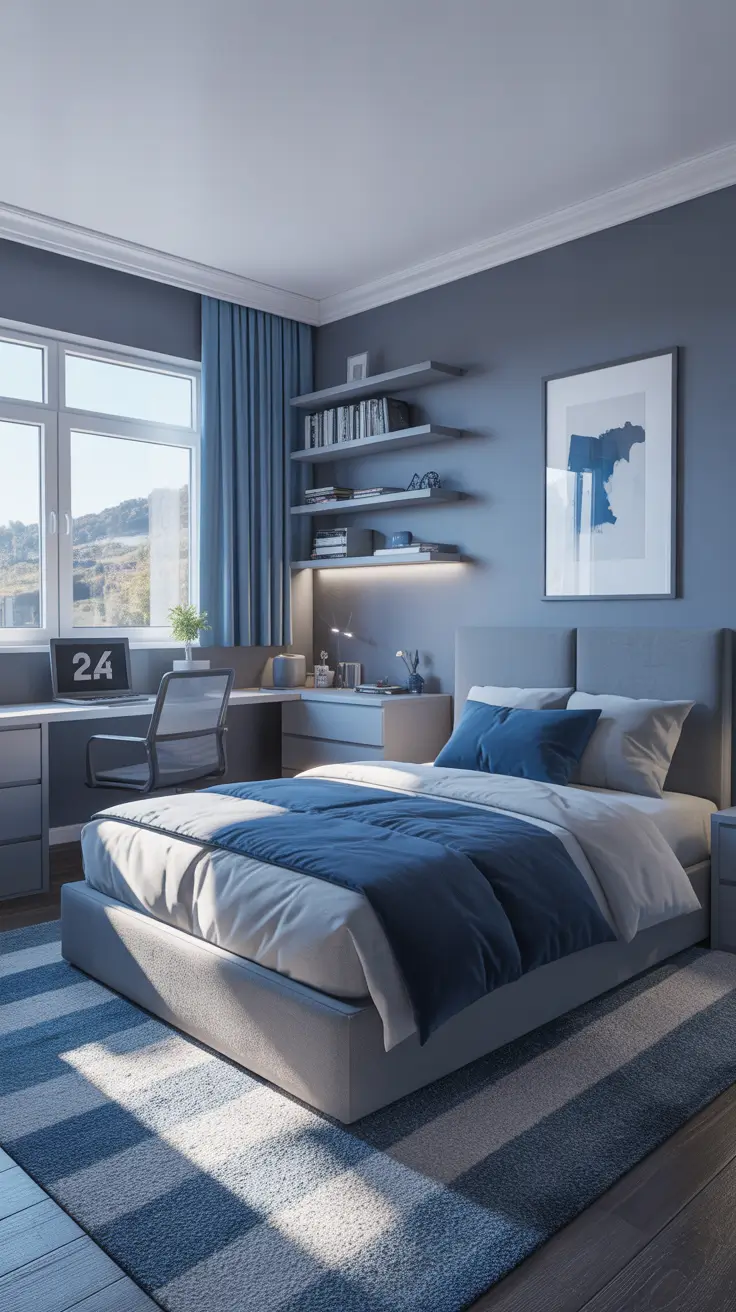 Blue-gray bedroom with upholstered bed and integrated desk workspace