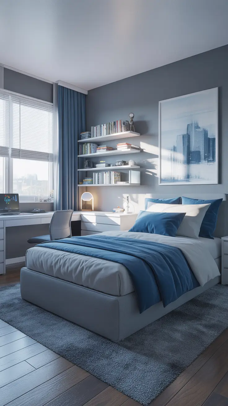 Modern gray bedroom with blue bedding and floating shelves