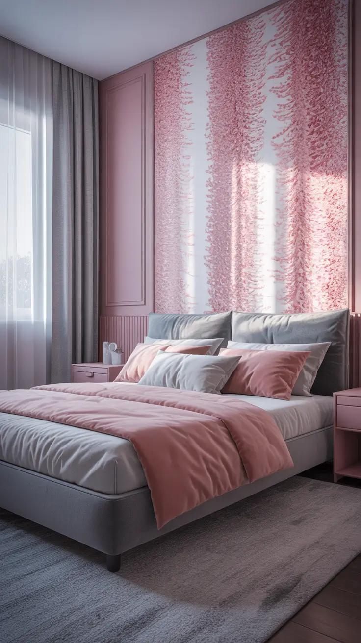 Gray bedroom with blush patterned statement wall and soft pink bedding