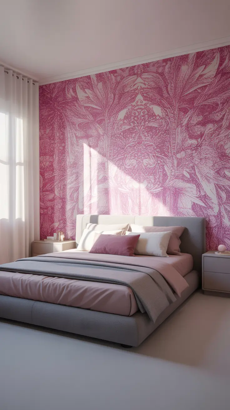 Modern gray bedroom with pink botanical wallpaper and soft neutral accents