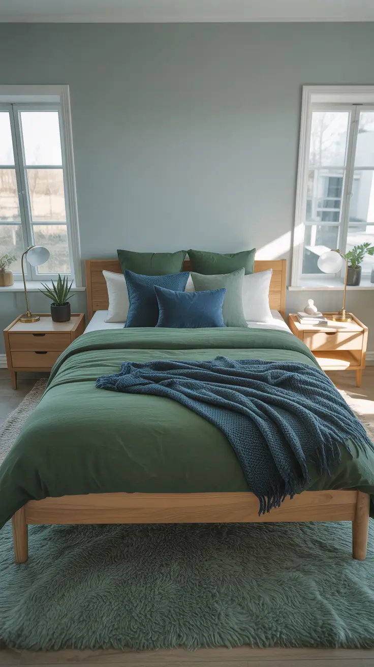 Gray bedroom with wooden bed frame and layered green bedding accents