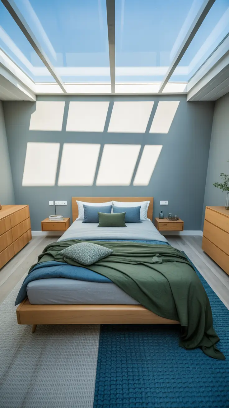 Modern gray bedroom with skylight and green layered bedding