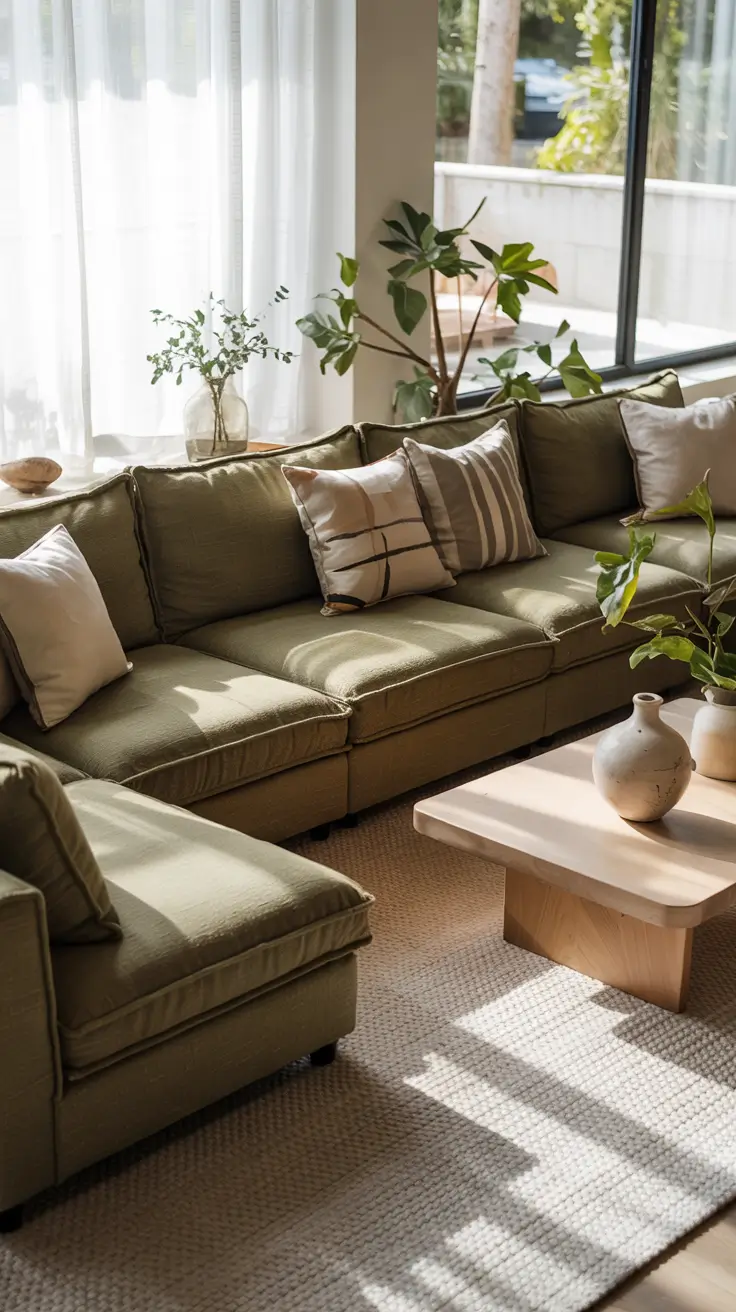 whites living room ideas 2026 green sectional with neutral decor