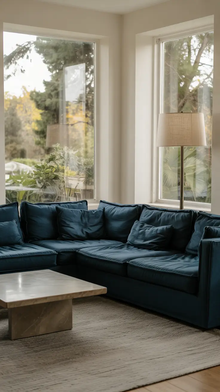 whites living room ideas 2026 navy sofa with marble coffee table