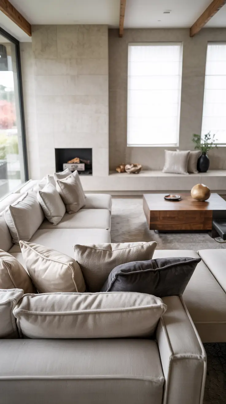 whites living room ideas 2026 modern charcoal sofa styling