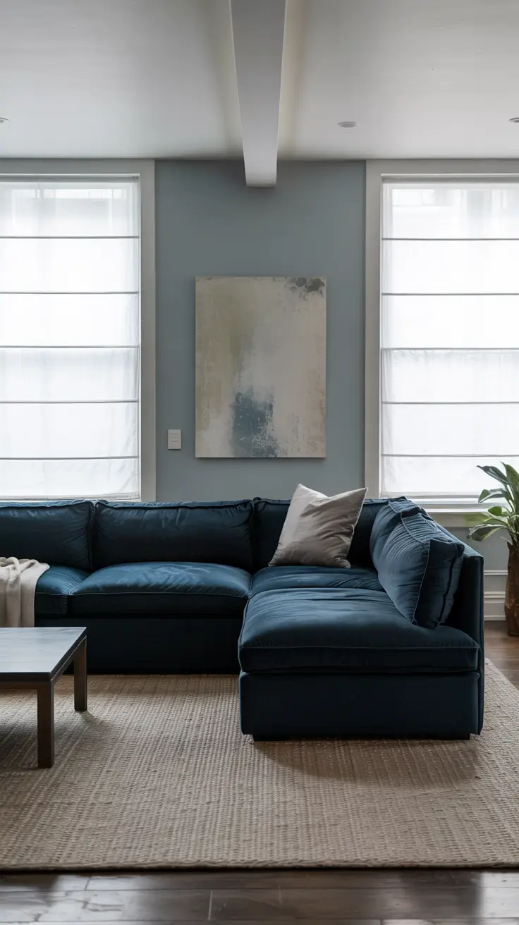 whites living room ideas 2026 navy sectional with white walls